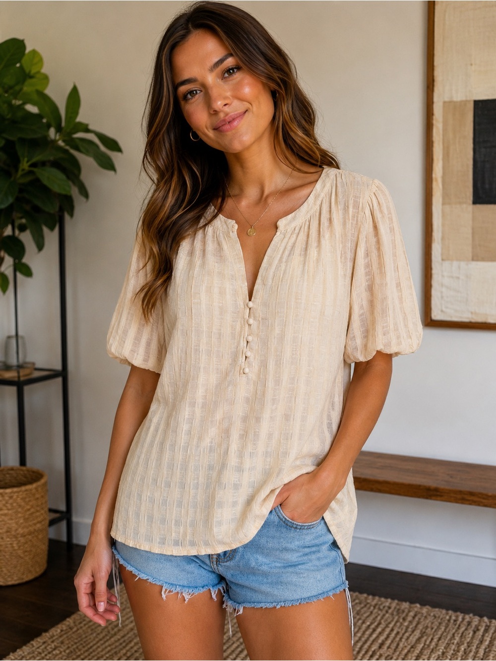 Current Air Textured Linen Blend Blouse | Size Large | EUC
